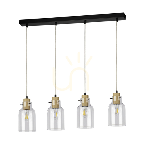 Verifica Lampa suspendată Alessandro, 4xE27, Max. 60 W, stejar uleiat/metal negru/cablu din PVC transparent/abat-jour din sticlă transparentă, 75 cm
