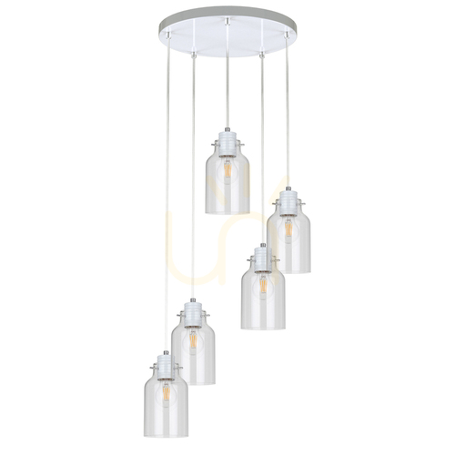Verifica Lampa suspendată Alessandro, 5xE27, Max. 60 W, metal alb / cablu din PVC transparent / abajur din sticlă transparentă, Ø 35 cm