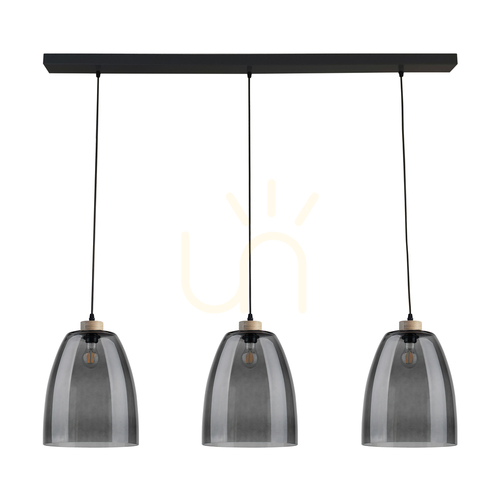 Verifica Lampa suspendată Asmara, 3xE27, Max. 60 W, stejar tratat cu ulei/metal negru/cablu din PVC negru/abat-jour din sticlă fumurie, 125 cm