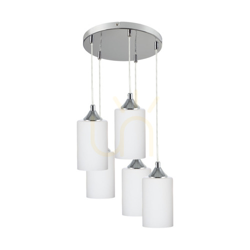 Verifica Lampa suspendată Bosco Mix, 5xE27, Max. 60 W, metal cromat / cablu din PVC transparent / abajur din sticlă albă, Ø 40 cm