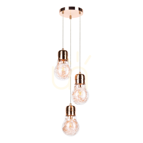 Verifica Lampă suspendată cu bec 3XE27 Max. 60 W, corp din cupru / cablu din PVC transparent / abajur din sticlă transparentă, Ø 20 cm