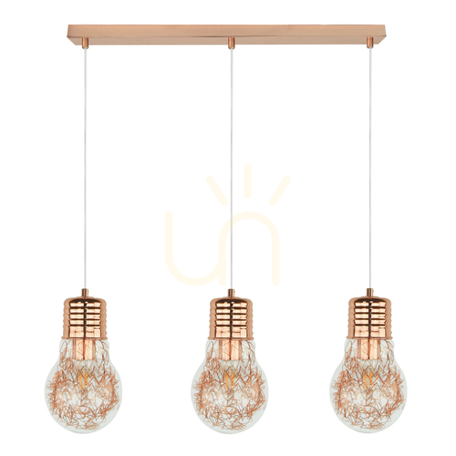 Verifica Lampă suspendată cu bec 3XE27 Max. 60 W, corp din cupru / cablu din PVC transparent / abajur din sticlă transparentă, 60 cm