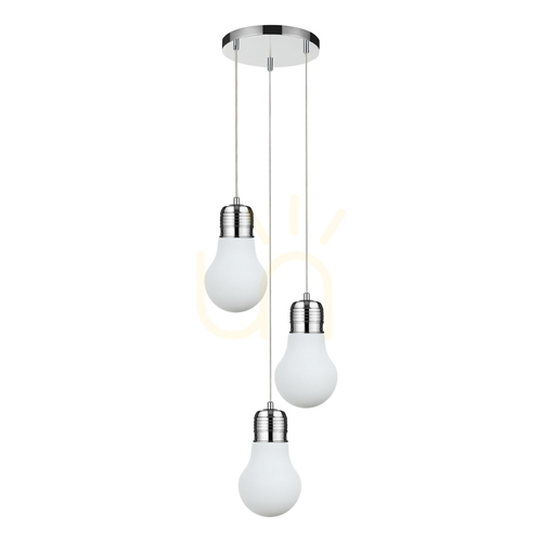 Verifica Lampă suspendată cu bec, 3xE27, Max. 60 W, metal cromat / cablu din PVC transparent / abajur din sticlă albă, Ø 33 cm