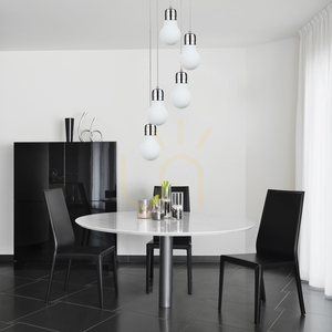 Lampă suspendată cu becuri, 5xE27, Max. 60 W, metal cromat / cablu din PVC transparent / abajur din sticlă albă, Ø 45 cm small 2