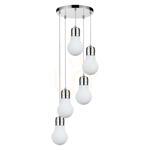 Verifica Lampă suspendată cu becuri, 5xE27, Max. 60 W, metal cromat / cablu din PVC transparent / abajur din sticlă albă, Ø 45 cm