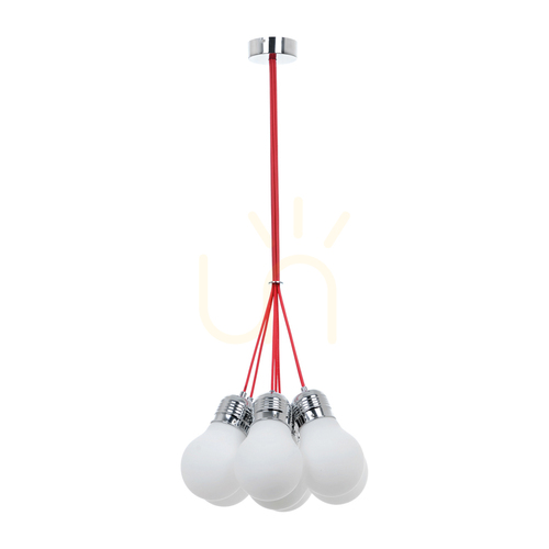 Verifica Lampă suspendată cu becuri, 7xE27, Max. 60 W, metal cromat/cablu împletit roșu/abat-jour din sticlă albă, Ø 45 cm