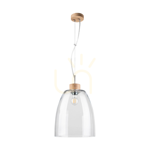 Verifica Lampă suspendată Campana, 1xE27, Max. 60 W, stejar lăcuit / cablu din PVC transparent / abajur din sticlă transparentă, Ø 30 cm