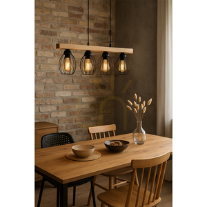 Lampa suspendată Carlo 4xE27 Max. 60 W, stejar uleiat/metal negru/cablu din PVC negru/abat-jour din metal negru, 86 cm small 1