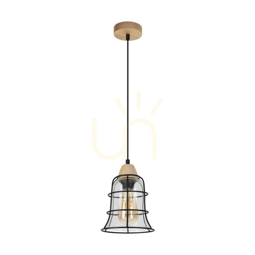 Verifica Lampa suspendată Chicka, 1xE27, Max. 60 W, mesteacăn/metal negru/cablu din PVC negru/abat-jour din sticlă transparentă, Ø 16,5 cm