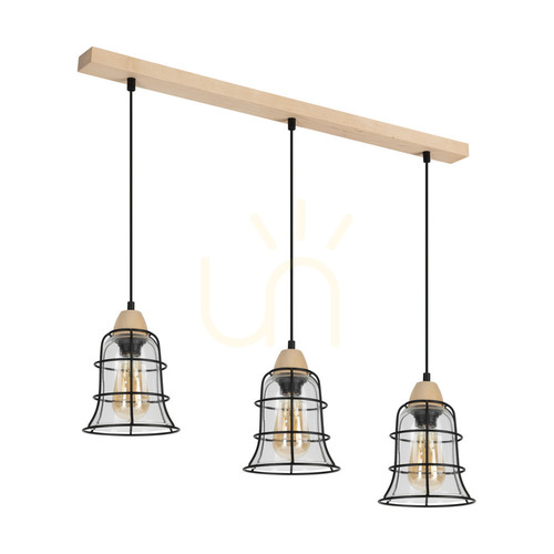 Verifica Lampa suspendată Chicka, 3xE27, Max. 60 W, mesteacăn/metal negru/cablu din PVC negru/abat-jour din sticlă transparentă, 75 cm