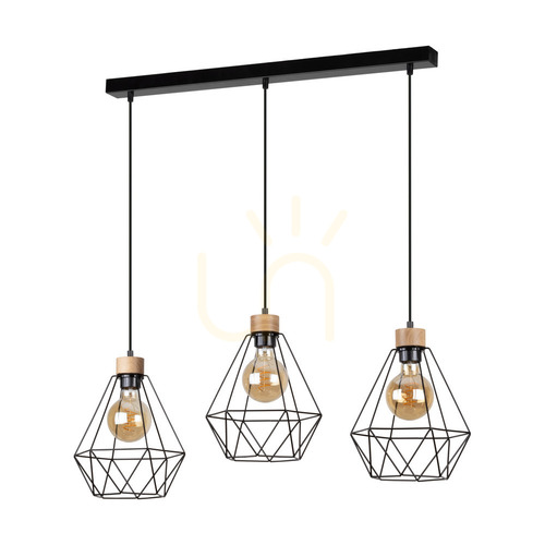 Verifica Lampă suspendată Diament, 3xE27, Max. 60 W, stejar uleiat/metal negru/cablu din PVC negru/abat-jour din metal negru, 80 cm
