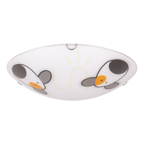 Verifica Lampă de tavan „Doggy”, 2xE27, max. 60 W, metal cromat/alb, abajur din sticlă cu motiv de cățeluș, Ø 40 cm