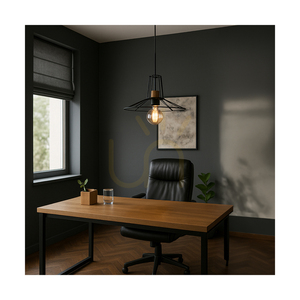 Lampa suspendată Ferro, 1xE27, Max. 60 W, stejar lustruit cu ulei/metal negru/cablu din PVC negru/abat-jour din metal negru, Ø 50 cm small 1