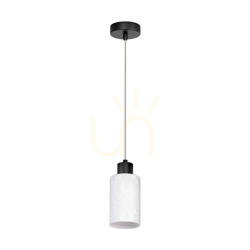 Verifica Lampa suspendată Flores, 1xE27, Max. 60 W, metal negru / cablu din PVC transparent / abajur din sticlă albă cu motiv floral, Ø 10 cm
