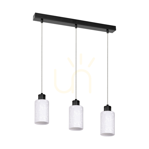 Verifica Lampa suspendată Flores, 3xE27, Max. 60 W, metal negru/cablu din PVC transparent/abat-jour din sticlă albă cu motiv floral, 57 cm