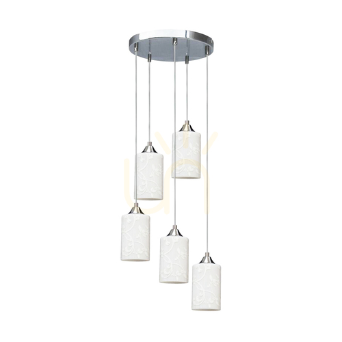 Verifica Lampa suspendată „Flowers”, 5xE27, Max. 60 W, metal cromat / cablu din PVC transparent / abajur din sticlă albă cu motiv floral, Ø 35 cm