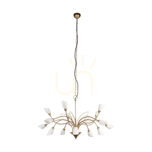 Verifica Lampa suspendată Gloriosa, 15xG9, Max. LED de 6 W, metal auriu/cablu din PVC negru/abat-jour din sticlă albă, Ø 108 cm