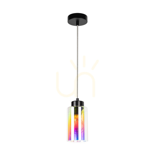 Verifica Lampa suspendată Meno, 1xE27, Max. 60 W, metal negru/cablu din PVC transparent/abat-jour din sticlă multicoloră, Ø 10 cm