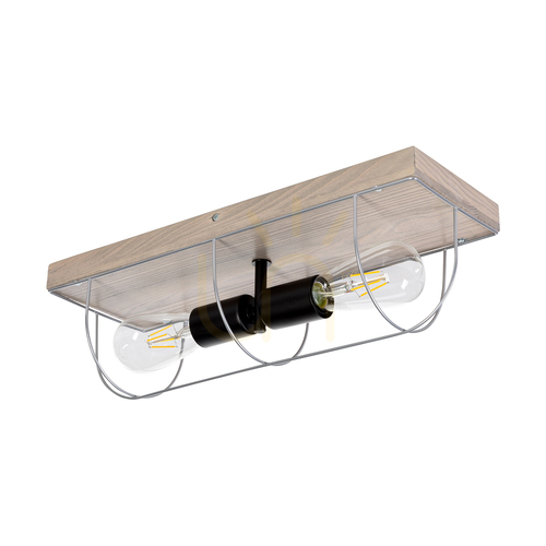 Verifica Aplică de perete / Lampă de tavan Netuno, 2xE27 max.. Lampă LED de 15 W, din lemn de pin vopsit în gri / metal negru / abajur metalic argintiu, 46 cm