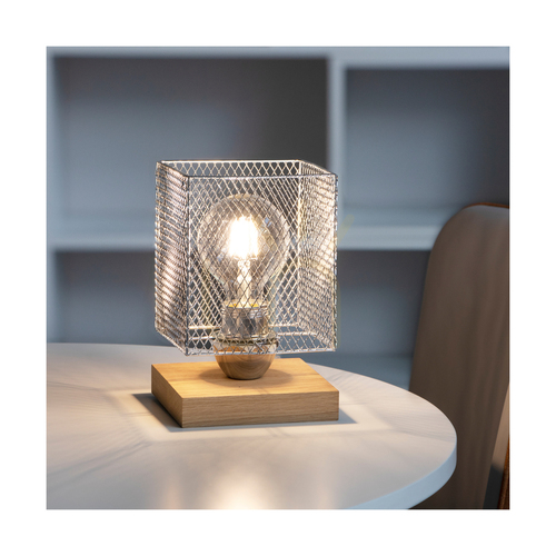 Verifica Lampă de masă Spot Light Norman Wood – stejar uleiat, abajur metalic cromat, E27, 13,5 cm