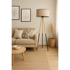 Lampa de podea Panda, 1xE27, Max. 60 W, mesteacăn-negru/negru, cablu din PVC, abajur din in bej cu bordură neagră, Ø 50 cm small 1