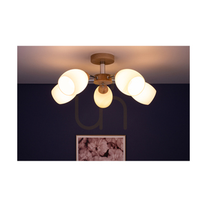 Lampa de tavan din lemn Parma, 5xE27, Max. 60 W, stejar lustruit cu ulei/metal cromat/abat-jour din sticlă albă, Ø 62 cm small 3