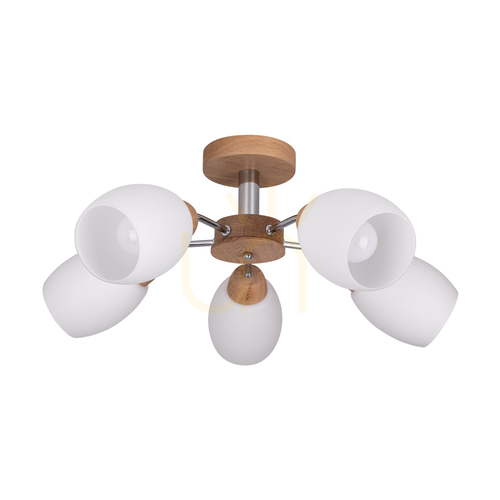 Verifica Lampa de tavan din lemn Parma, 5xE27, Max. 60 W, stejar lustruit cu ulei/metal cromat/abat-jour din sticlă albă, Ø 62 cm