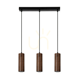 Lampă suspendată în formă de țeavă, include 3 LED-uri GU10 (Max.. 5 W), lemn de fag și nuc / metal negru / cablu din PVC negru (46 cm) small 0