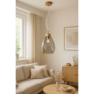 Lampa suspendată Piro, 1xE27, Max. 60 W, stejar uleiat / cablu din PVC transparent / abajur din sticlă fumurie, Ø 25 cm small 1
