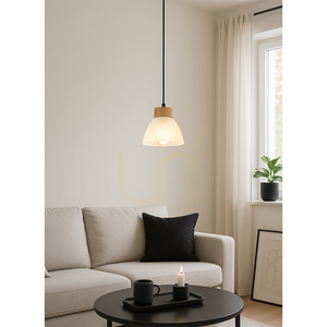 Lampa suspendată Prahas, 1xE14, Max. 40 W, stejar tratat cu ulei/metal negru/cablu din PVC negru/abat-jour din sticlă albă, Ø 14 cm small 1