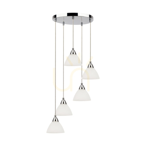 Verifica Lampa suspendată Prahas, 5xE14, Max. 40 W, metal cromat / cablu din PVC transparent / abajur din sticlă albă, Ø 42 cm