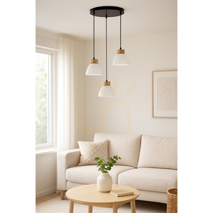 Lampa suspendată Prahas 3xE14 Max. 40 W, stejar uleiat/metal negru/cablu din PVC negru/abat-jour din sticlă albă, Ø 30 cm small 1