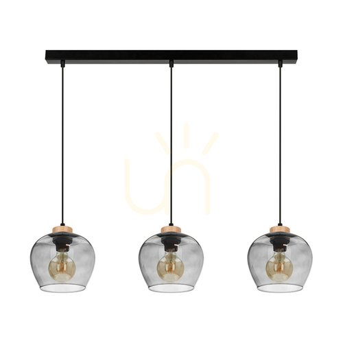 Verifica Lampa suspendată Praia, 3xE27, Max. 60 W, stejar tratat cu ulei/metal negru/cablu din PVC negru/abat-jour din sticlă fumurie, 120 cm
