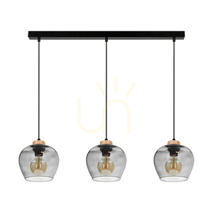 Lampa suspendată Praia, 3xE27, Max. 60 W, stejar tratat cu ulei/metal negru/cablu din PVC negru/abat-jour din sticlă fumurie, 120 cm small 0