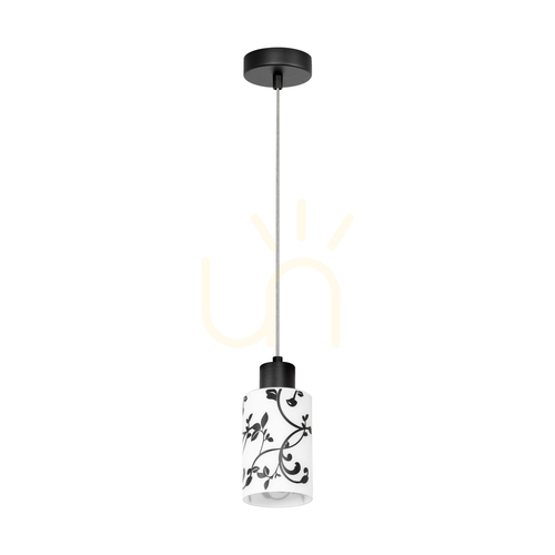 Verifica Lampa suspendată Ravio, 1xE27, Max. 60 W, metal negru/cablu din PVC transparent/abat-jour din sticlă albă și neagră, Ø 9,5 cm