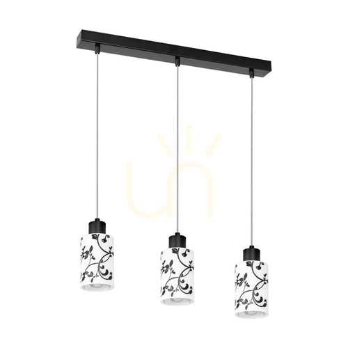 Verifica Lampa suspendată Ravio, 3xE27, Max. 60 W, metal negru/cablu din PVC transparent/abat-jour din sticlă albă și neagră, 55 cm