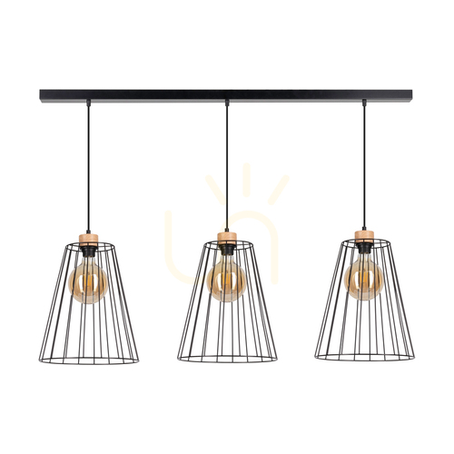Verifica Lampă suspendată „Swan”, 3xE27, Max. 60 W, stejar lustruit cu ulei/metal negru/cablu din PVC negru/abat-jour din metal negru, 117 cm