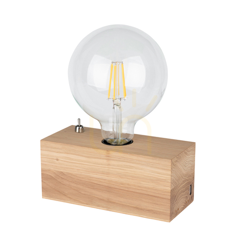 Verifica Lampa de masă Theo, 1xE27, Max. 25 W, stejar uleiat/negru, cablu din PVC cu încărcător USB integrat, 18 cm