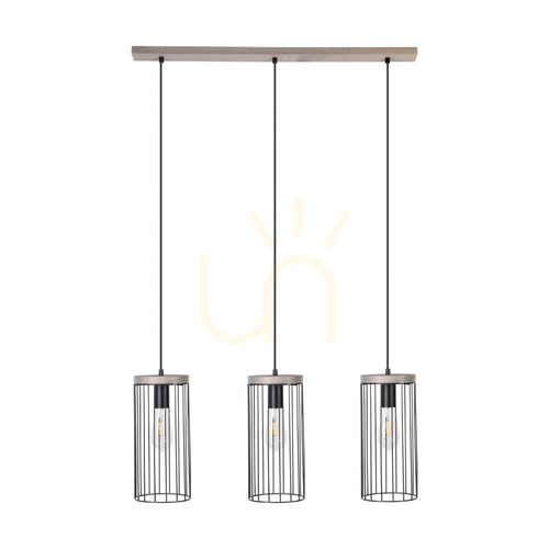Verifica Lampa suspendată Timeo, 3xE27, Max. 60 W, pin vopsit în gri, cablu din PVC gri/negru, abajur metalic negru, 76 cm