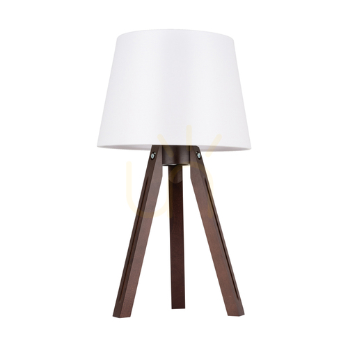 Verifica Lampă de masă cu trei picioare, 1xE27, Max. 40 W, lemn de fag și nuc / cablu din PVC transparent / abajur alb, Ø 30 cm