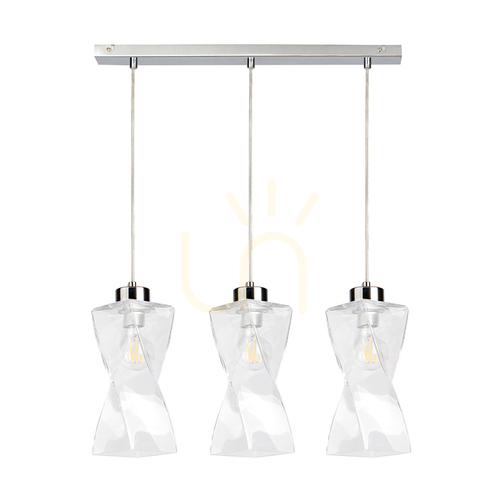 Verifica Lampă suspendată Twist, 3xE27, Max. 25 W, metal cromat / cablu din PVC transparent / abajur din sticlă transparentă, 52 cm