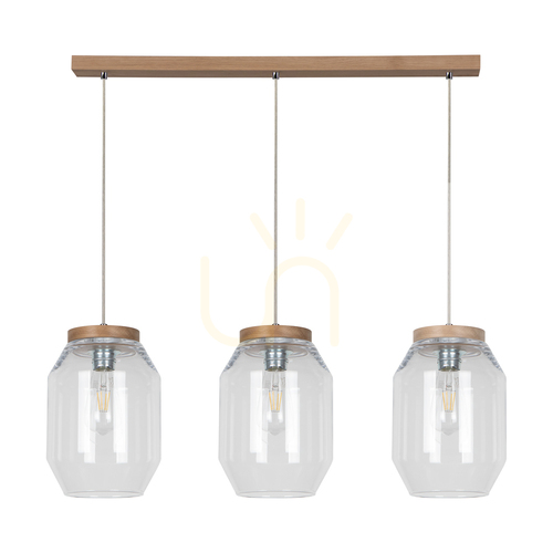 Verifica Lampa suspendată Vaso, 3xE27, Max. 60 W, stejar tratat cu ulei / cablu din PVC transparent / abajur din sticlă transparentă, 85 cm