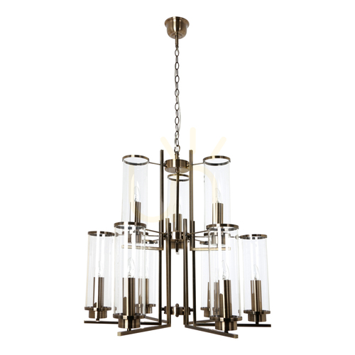 Verifica Lampa suspendată Verdi, 9xE14, Max. 40 W, patină metalică/abat-jour din sticlă transparentă, Ø 69,5 cm