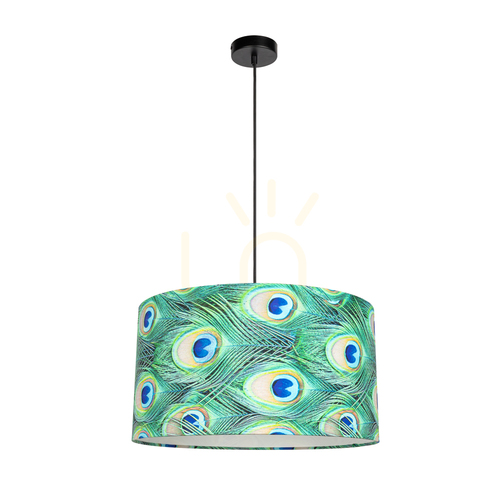 Verifica Lampă suspendată Vert, 1xE27, Max. 60 W, metal negru / abajur negru împletit / abajur multicolor cu model de pene de păun, Ø 45 cm