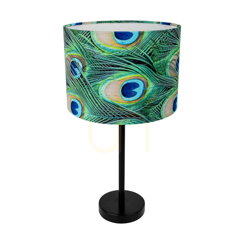 Verifica Lampa de masă Vert, 1xE27, Max. 40 W, metal negru/cablu din PVC negru/abat-jour multicolor cu motiv de pene de păun, Ø 25 cm