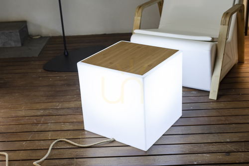 Verifica Măsuță de grădină iluminată Newgarden BORA 3172 albă, blat din bambus, 43 cm