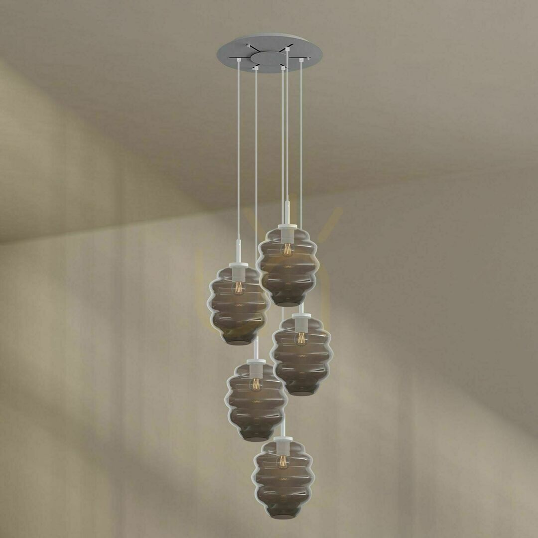 Vedere Lustră suspendată s.luce Echos, 5 x E27, sticlă maro, abajururi Ø 25 cm Lustră suspendată s.luce Echos, 5 x E27, sticlă maro, abajururi Ø 25 cm