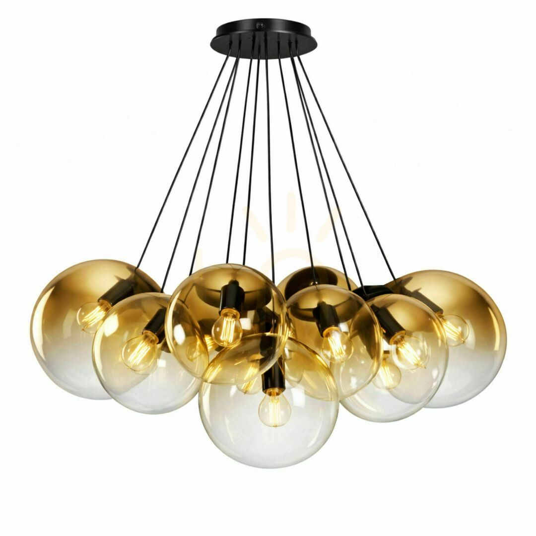 Vedere Lustră suspendată s.luce Orb Cluster, aurie, 13 lumini E27, sticlă și metal, Ø 80 cm Lustră suspendată s.luce Orb Cluster, aurie, 13 lumini E27, sticlă și metal, Ø 80 cm