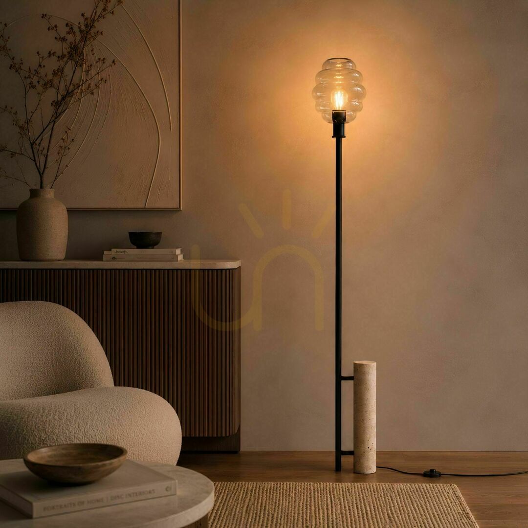 Verifica Lampă de podea s.luce Echos, travertin și sticlă transparentă, negru, E27, 188 cm Lampă de podea s.luce Echos, travertin și sticlă transparentă, negru, E27, 188 cm