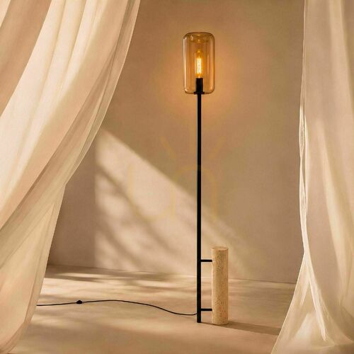 Verifica Lampă de podea s.luce Cruet, travertin, negru și chihlimbar, E27, 190 cm